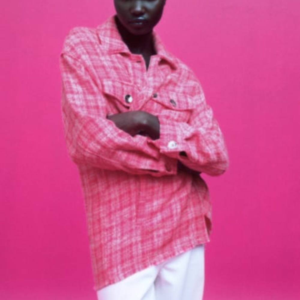 NWT ZARA WOVEN PLAID OVER SIZE SHIRT PINK / WHITE M - Picture 8 of 8